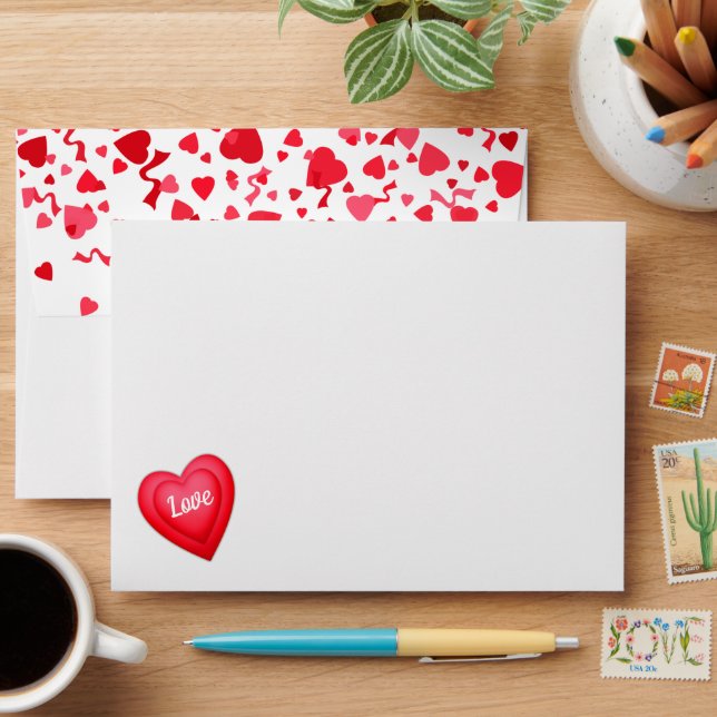 Valentine's Day Red Confetti Hearts Personalized Envelope (Desk)