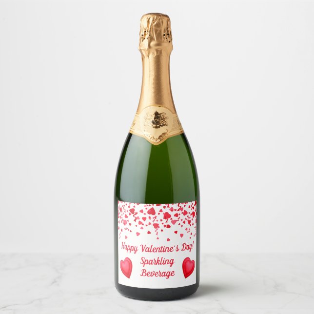 Valentine's Day Red Confetti Hearts Personalized Sparkling Wine Label (Front)
