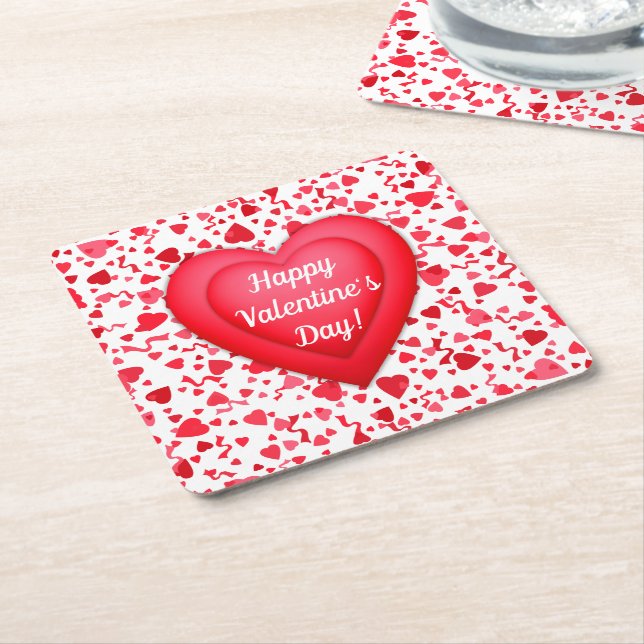 Valentine's Day Red Confetti Hearts Personalized Square Paper Coaster (Angled)