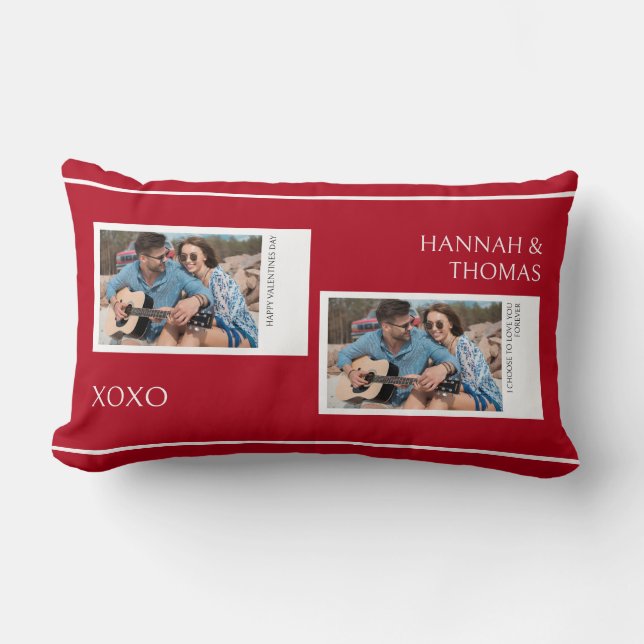 Valentines Day Red Custom Two Photo Collage Lumbar Pillow (Front)