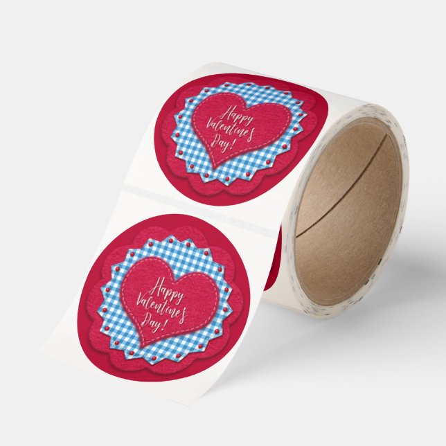 Valentine's Day Red Felt Look Blue Gingham Cute Classic Round Sticker (Roll)