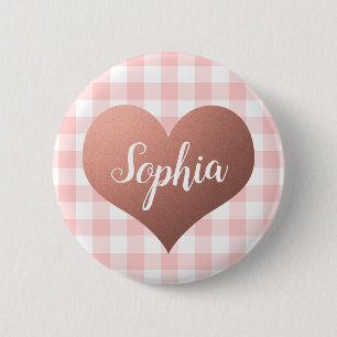 Valentine's Day Red Gingham Heart Custom Name Button