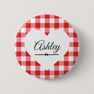 Valentine's Day Red Gingham Heart Custom Name Button