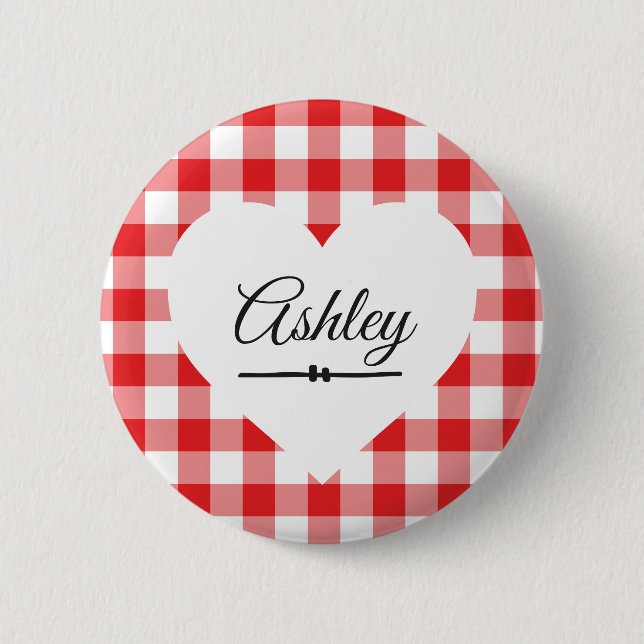 Valentine's Day Red Gingham Heart Custom Name Button (Front)