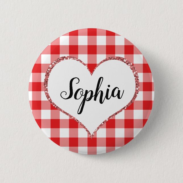 Valentine's Day Red Gingham Heart Custom Name Button (Front)