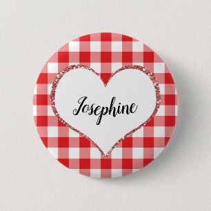 Valentine's Day Red Gingham Heart Custom Name Pinback Button
