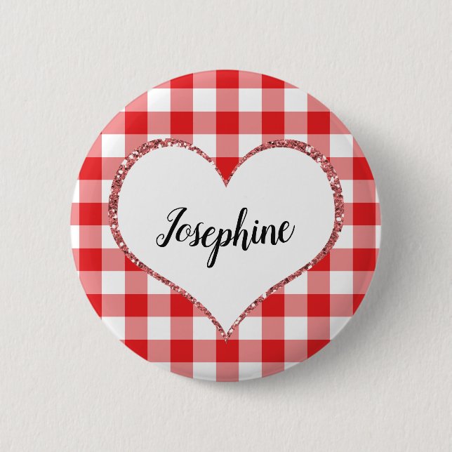 Valentine's Day Red Gingham Heart Custom Name Pinback Button (Front)