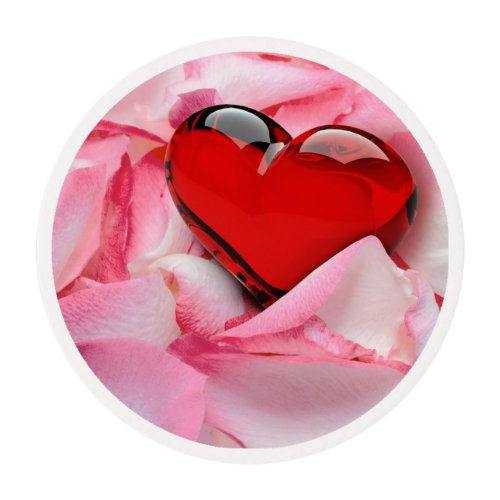 Valentines Day Red Glass Heart Rose Petals Edible Frosting Rounds