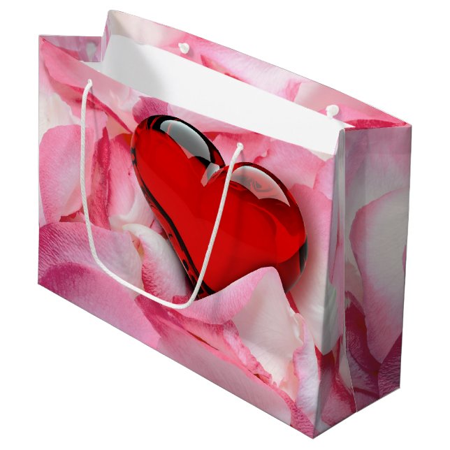 Valentine's Day Red Glass Heart Rose Petals Large Gift Bag (Front Angled)
