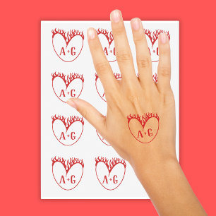 Valentines Day Red Heart Flames Custom 2 Initials Temporary Tattoos