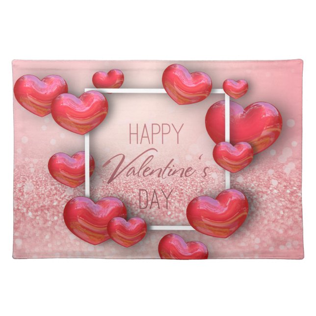 Valentine's Day Red Heart Glitter Cloth Placemat (Front)