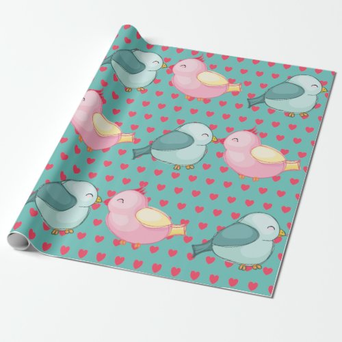 Valentines Day Red Heart on Green Cute Love Birds Wrapping Paper