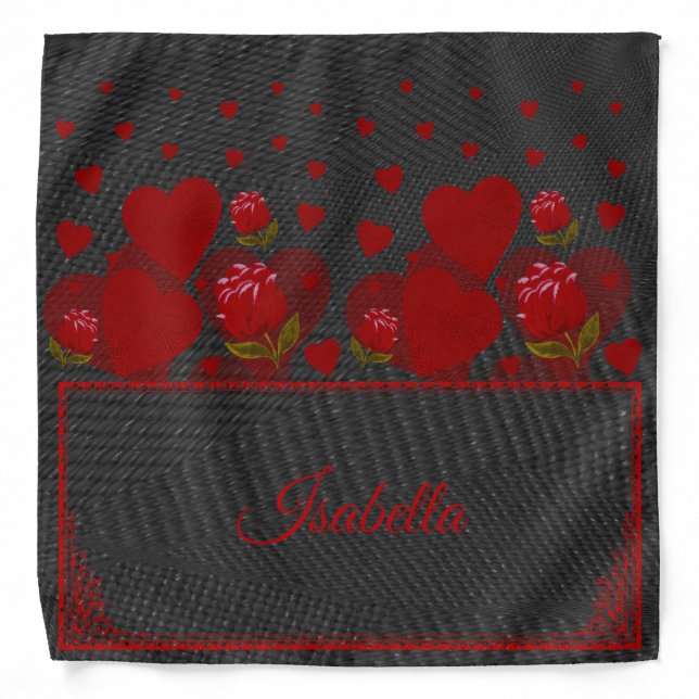 Valentines day, red heart, red rose on gray bandan bandana (Front)