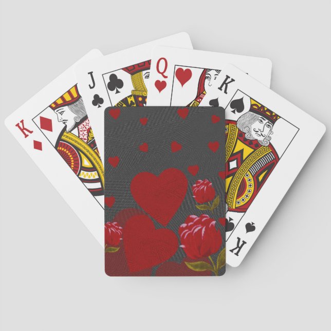 Valentine's day, red heart, red rose on gray  poker cards (Back)