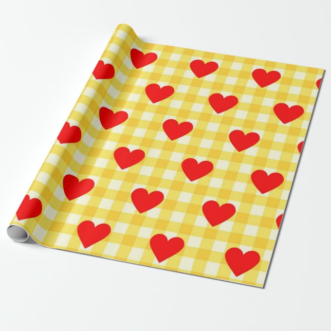 Valentine's Day Red Heart Yellow Gingham Pattern Wrapping Paper (Unrolled)
