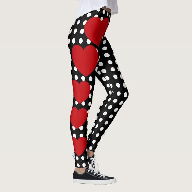 Valentines Day Red Hearts Black White Polka Dot Leggings (Right)