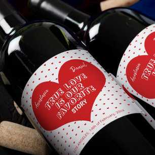 Valentines Day red hearts elegant modern couple Wine Label