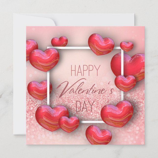 Valentine's Day Red Hearts Glitter - Card (Front)