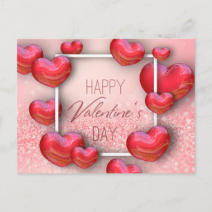 Valentine's Day Red Hearts Glitter - Postcard