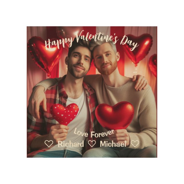 Valentines Day | Red Hearts LGBT Custom Photo  Wood Wall Art (Front)