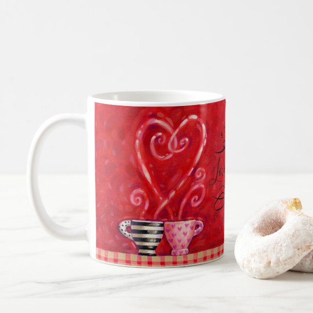 Valentine's Day Red Hearts Love Coffee Quote Mug (With Donut)