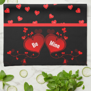 Valentine's Day Red Hearts on Black Kitchen Towel