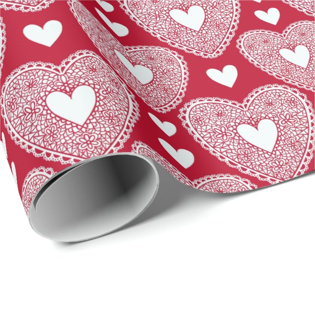 Valentine's Day Red Lace Heart Pattern Wrapping Paper (Roll Corner)