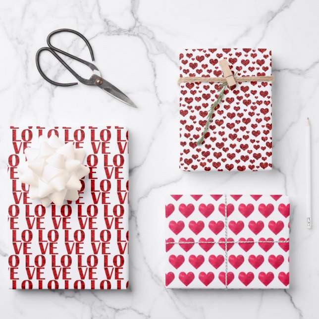 Valentines Day Red Love and Hearts Stylish Wrapping Paper Sheets (Front)