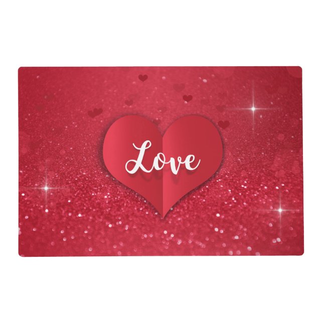 Valentine's Day Red Paper Heart Glitter Placemat (Front)