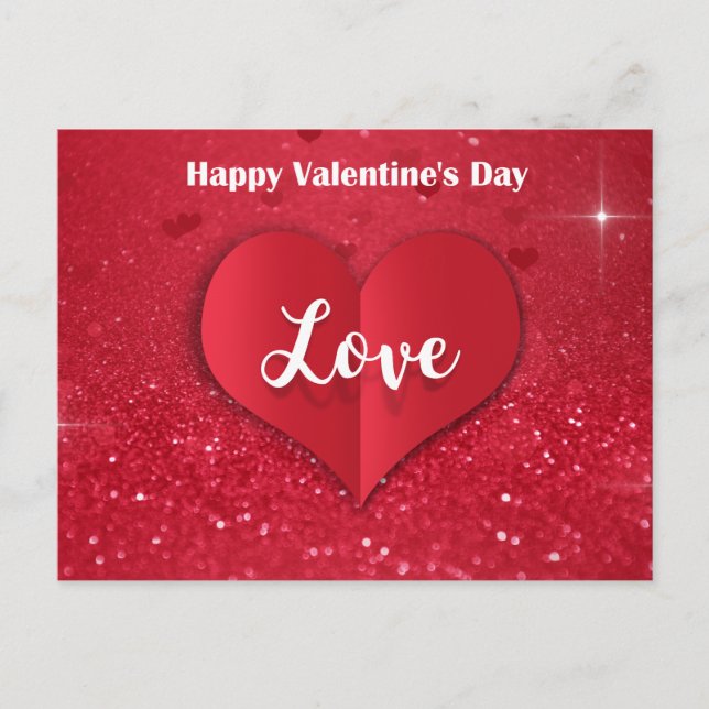 Valentine's Day Red Paper Heart Glitter - Postcard (Front)