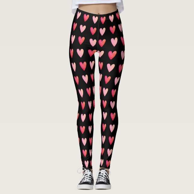 Valentines Day Red Pink Heart Pattern Leggings (Front)