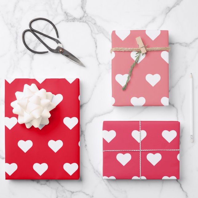 Valentine's Day Red Pink Heart Pattern Wrapping Paper Sheets (Front)