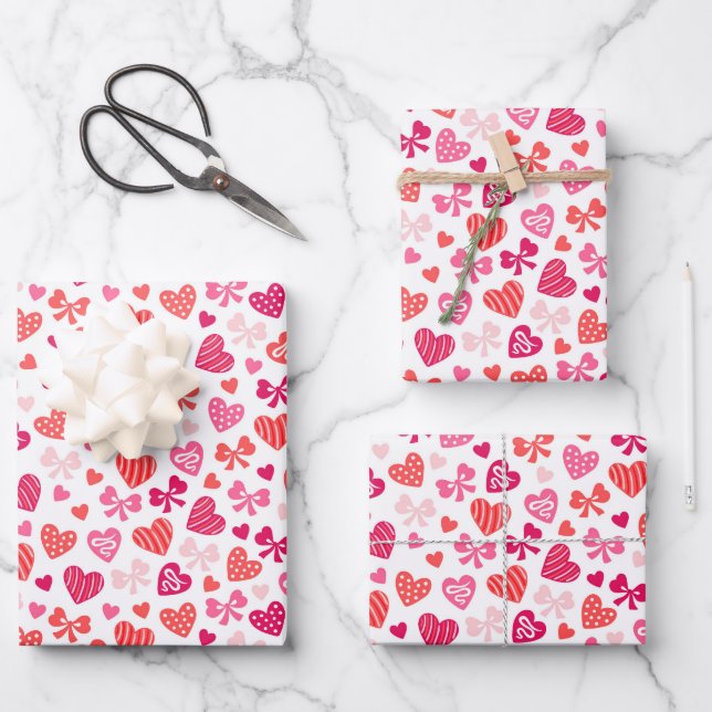 Valentine's Day Red Pink Hearts Bows Wrapping Paper Sheets (Front)