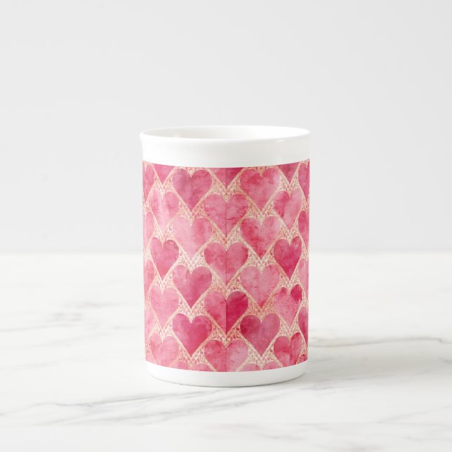 Valentine's Day, Red Pink Love Heart Pattern Bone China Mug (Front)