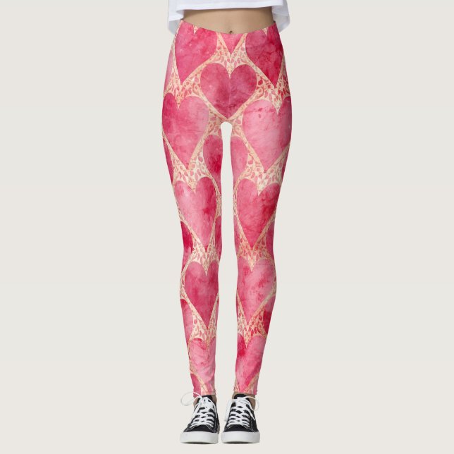 Valentine's Day, Red Pink Love Heart Pattern Leggings (Front)