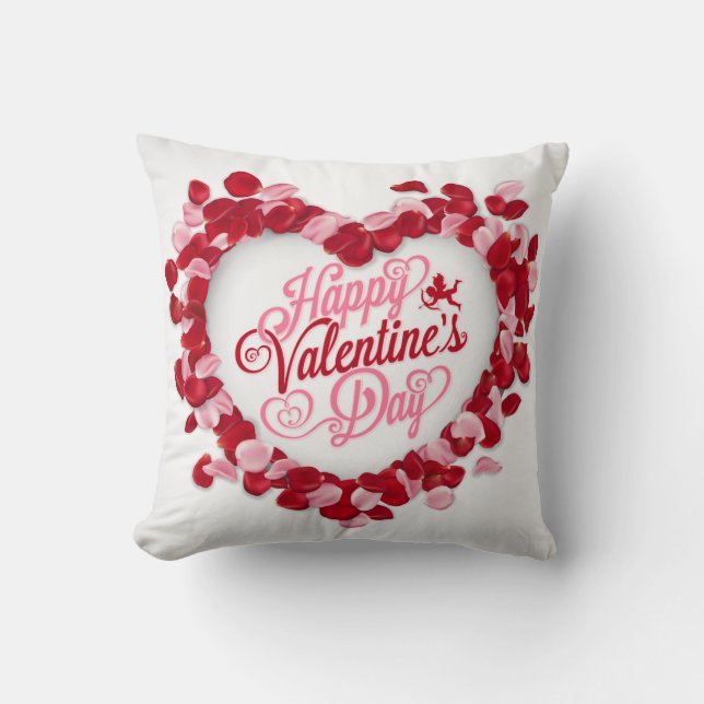 Valentine's Day Red Pink Rose Petals Heart White Throw Pillow (Front)