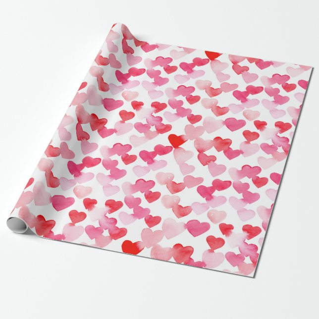 Valentines Day Red & Pink Watercolor Hearts Wrapping Paper (Unrolled)