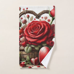 Valentine's Day Red Rose and Hearts Hand Towel