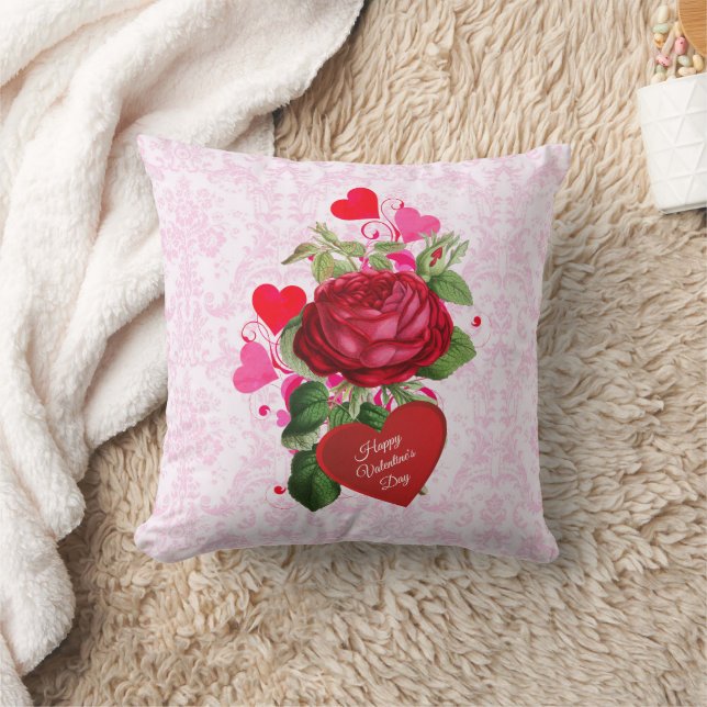 Valentine's Day Red Rose Hearts Throw Pillow (Blanket)
