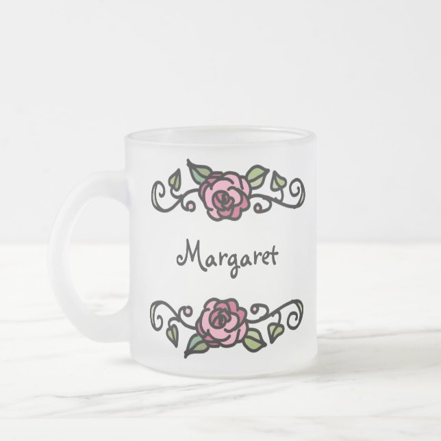 Valentine's Day Red Rose Personalized Floral  Frosted Glass Coffee Mug (Left)