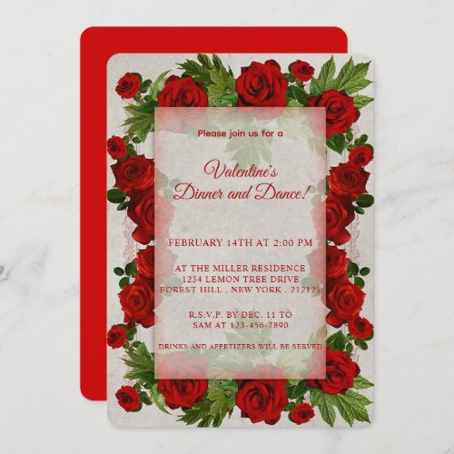 Valentines Day Red Roses Frame Invitation