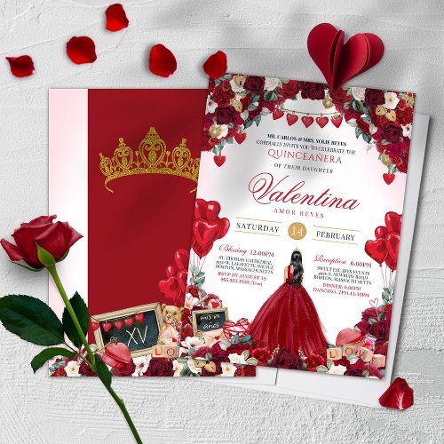 Valentines Day Red Roses Sweet 15 Quinceanera  Invitation