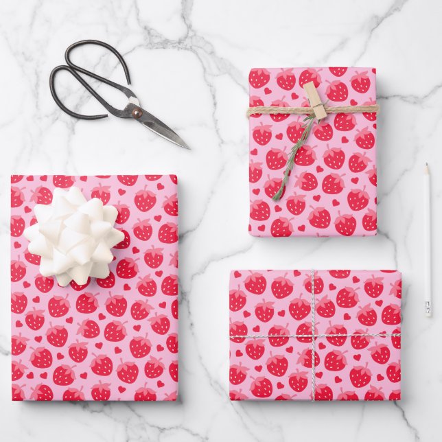 Valentine's Day Red Strawberries Red Hearts Pink Wrapping Paper Sheets (Front)