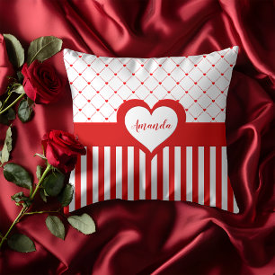 Valentine's Day Red White Heart Striped Pattern Throw Pillow
