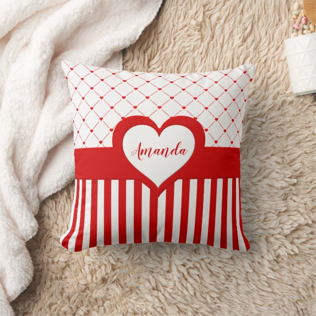 Valentine's Day Red White Heart Striped Pattern Throw Pillow (Blanket)