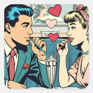 Valentine's Day Retro Couple Drinking Milkshakes Square Sticker