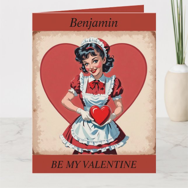 VALENTINE'S DAY Retro Maid editable folding card (Front)