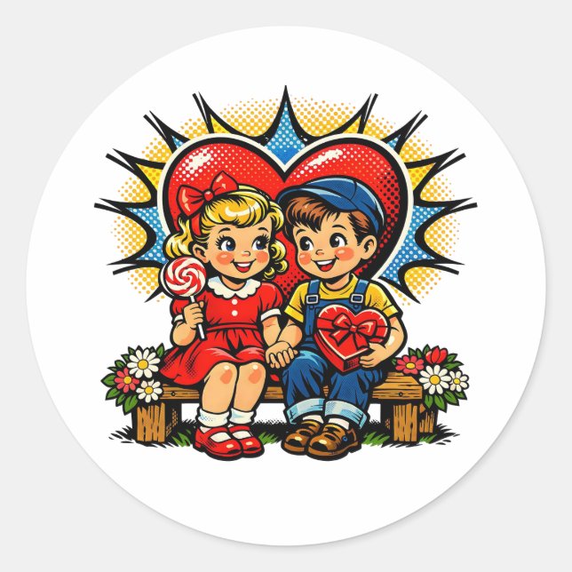 Valentine's Day | Retro Pop Art Vintage Classic Round Sticker (Front)