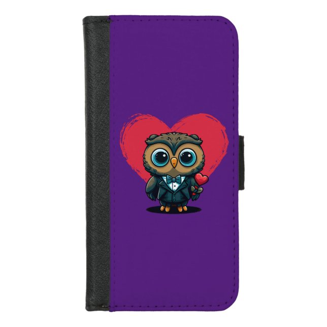 Valentine's Day Romance with Adorable Owl Groom iPhone Wallet Case (Front)