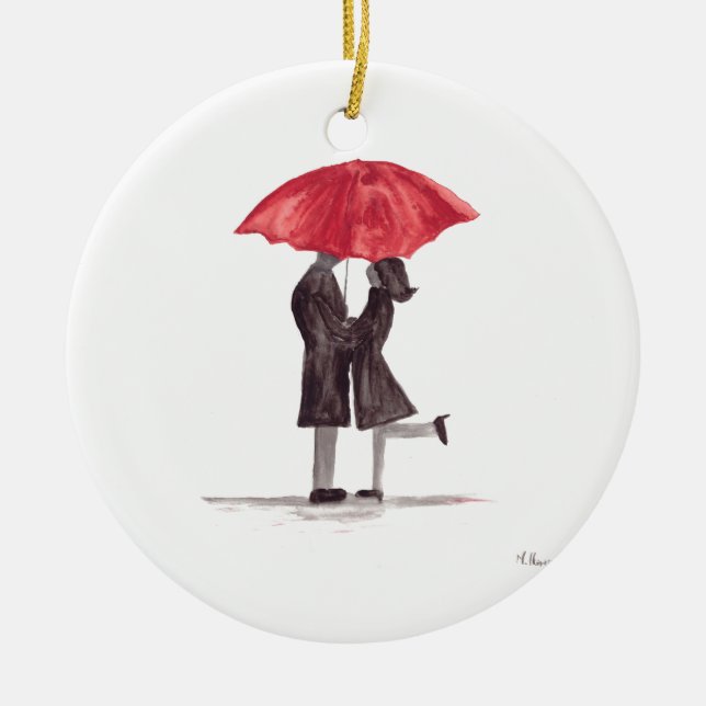 Valentine's day romantic couple red umbrella  ceramic ornament (Front)